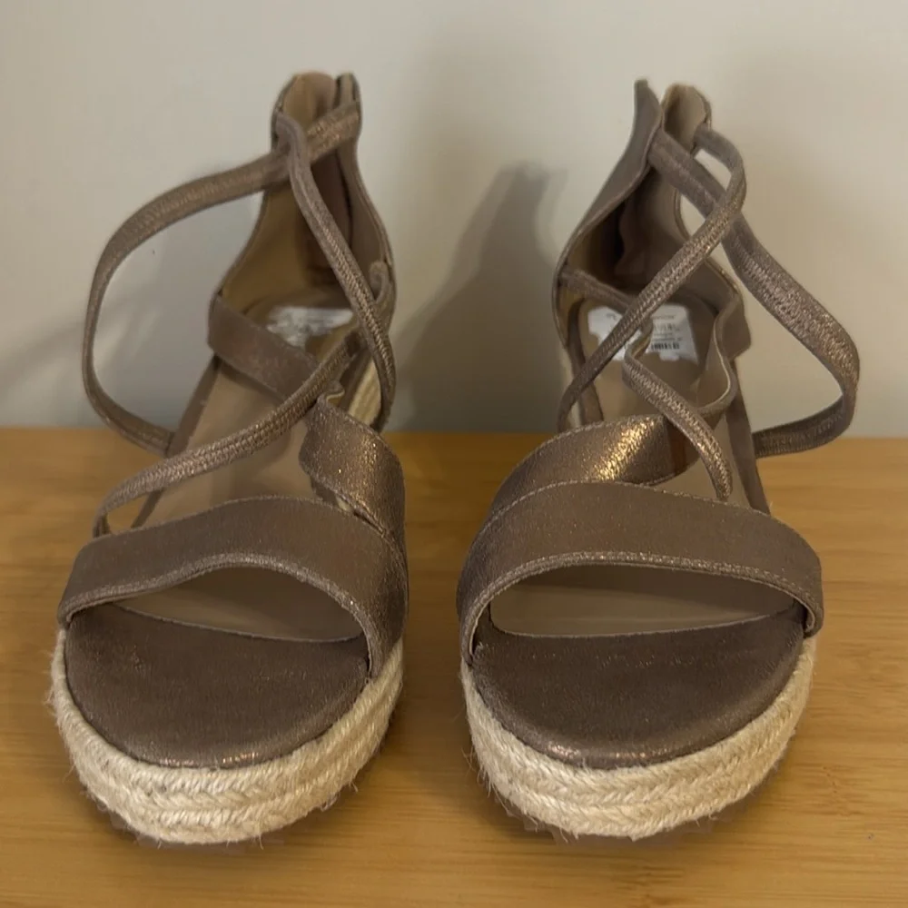 Eileen Fisher Wanda espadrille strappy Bronze Gold Leather wedge size 11 NWOB